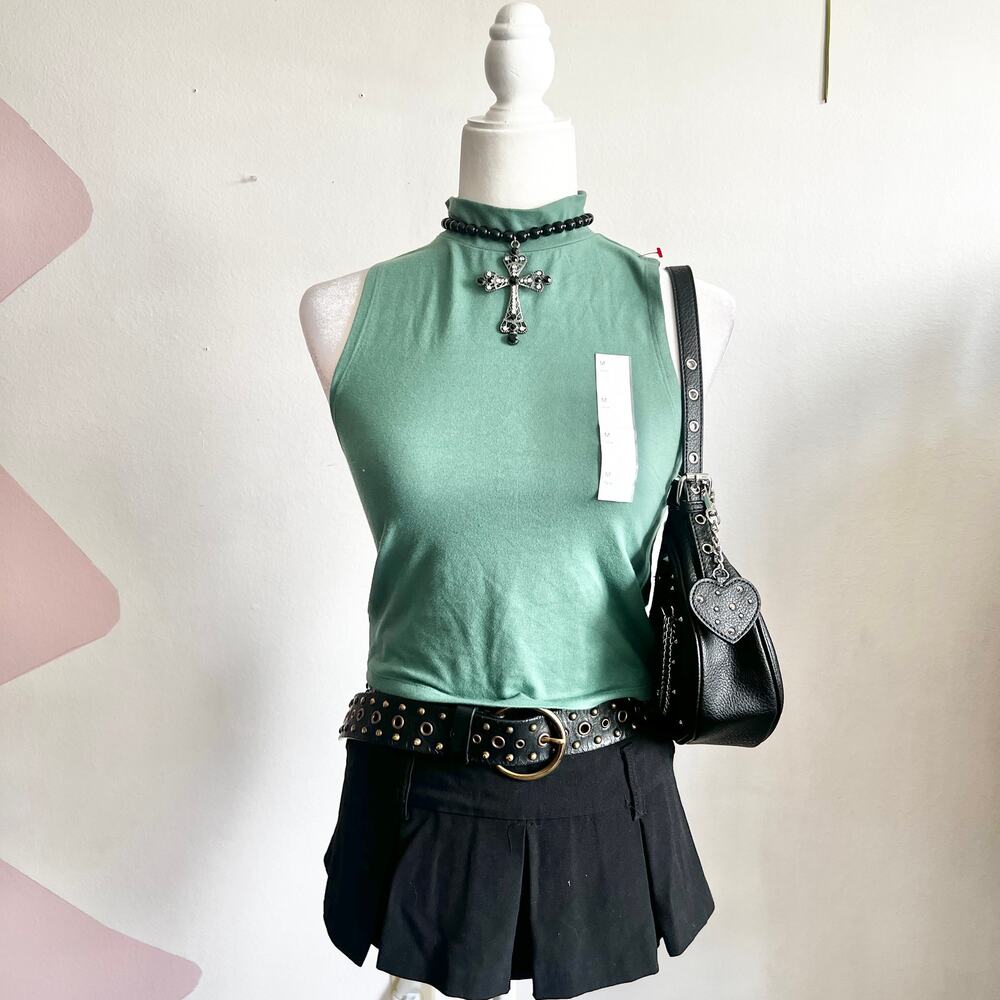 Green Mock Neck Tank Top, Minimalist, Y2K, Clean Girl, Streetwear, Retro, Medium